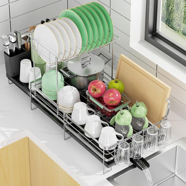 Pantasia Large 2 Tier Dish Drying Rack, Extendable Dish Rack, Stainless Steel Anti-Rust Dish Rack for Kitchen Counter, Multifunctional Dish Drainer with Utensil & Cup Holder, 13.4"-28.7" L x 11.8" W