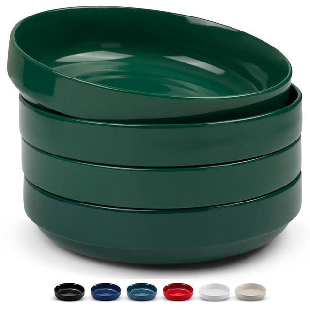 KooK Ceramic Large Pasta Bowls, Microwave and Dishwasher Safe, Great for Soups and Salads, Shallow Serving Bowls, Glossy Porcelain, 47 oz, Set of 4, Hunter Green
