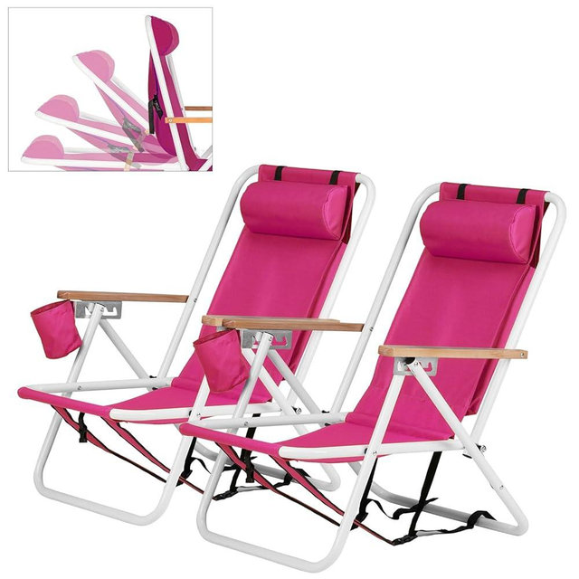Outvita Folding Beach Chair Adjustable Headrest w/4 Flexible Tilt Angle, Cup Holder Portable High Strength Cleanable Fabric, for Sand Camping Lawn Concert Travel Festival