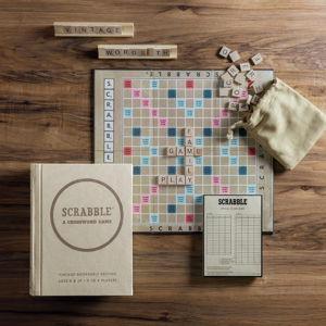 WS Game Company Scrabble Vintage Bookshelf Edition Linen Fabric-Wrapped Book Case with Solid Wood Tiles and Racks, Classic Retro Scrabble Board Game for Family Night, 2 to 4 Players, Ages 8+
