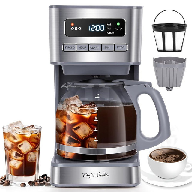 Taylor Swoden Programmable Coffee Makers 12 Cup, Hot and Iced Coffee Maker, 4 Brew Strength, LED Display, 24H Timer, Keep Warm&Auto Shutoff- Drip Coffee Machine for Home/Office, Gray & Stainless Steel