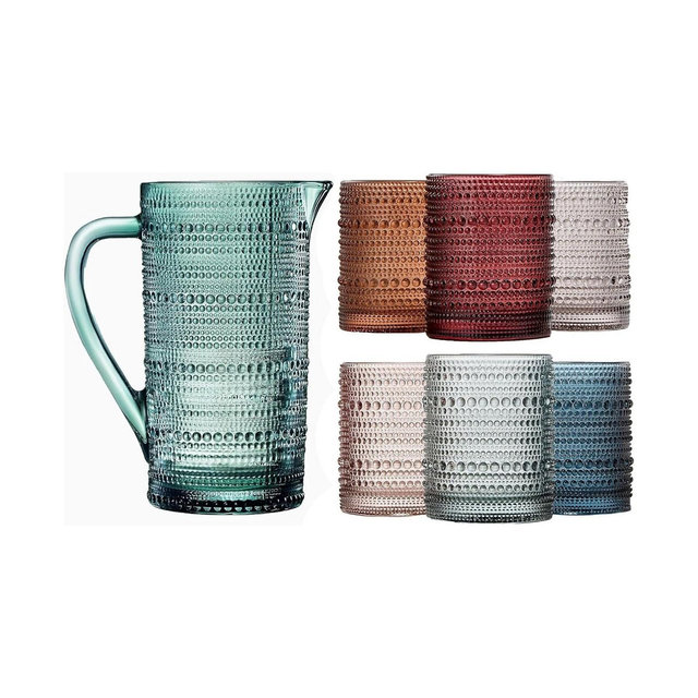 The Wine Savant Hobnail Beaded Pitcher and Tumbler Glasses, Set of 7