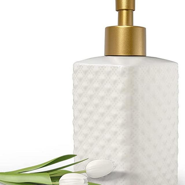 Gold Soap Dispenser for Bathroom,White Square Lotion Dispenser, Refillable Countertop Ceramic Hand Soap Dispenser,Dish Soap Dispenser for Kitchen Sink 350ml(White Square Bottle)