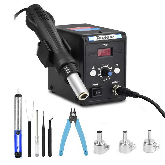 Hot Air Rework Station, 110V SMD Hot Air Gun Soldering Station 100-500 °C Heat Gun Temperature & Air Speed Adjustable LED Screen Display with 3 Air Nozzles Desoldering Pump Anti-Static Tweezers Cutter