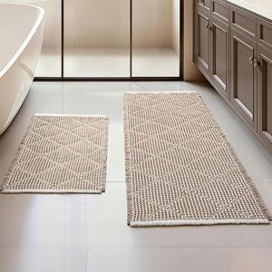 Furicher Waffle Bath Mat Set, Non Slip Bathroom Rugs Sets 2 Piece, Ultra Absorbent Long Bath Rug Runner for Bathroom Boho Chic Decor, Machine Washable Floor Mats, Brown & White, 20"×47" Plus 18"×30"
