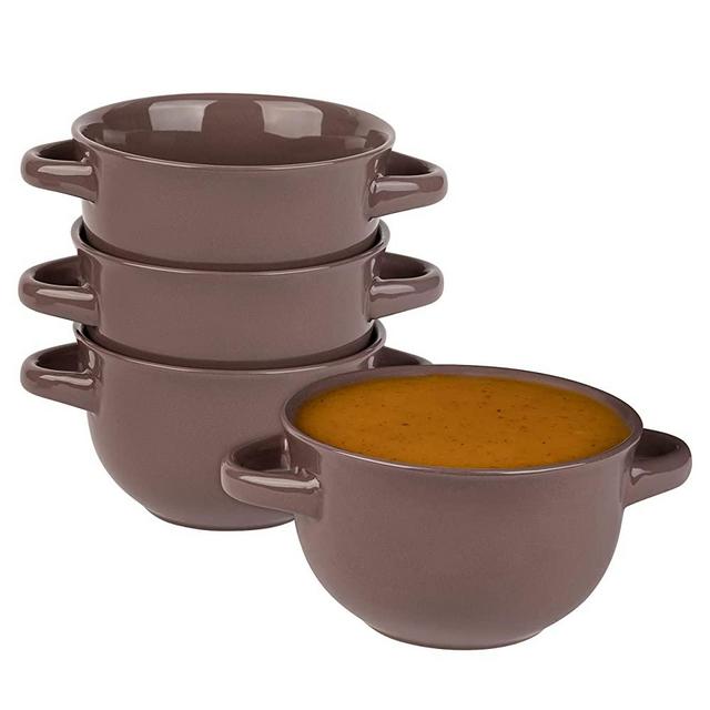 KooK French Onion Soup Crocks with Handles, Ceramic Bowls, for Rice, Dessert, Pasta, Dishwasher, Microwave, Oven & Broil Safe, Set of 4, 18 oz (Mauve)