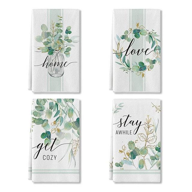 Artoid Mode Eucalyptus Get Cozy Love Home Kitchen Towels, 18 x 26 Inch Holiday Spring Summer Daily Fingertip Towel Tea Bar Hand Drying Cloth Kitchen Bathroom Gift Ultra Absorbent Set of 4
