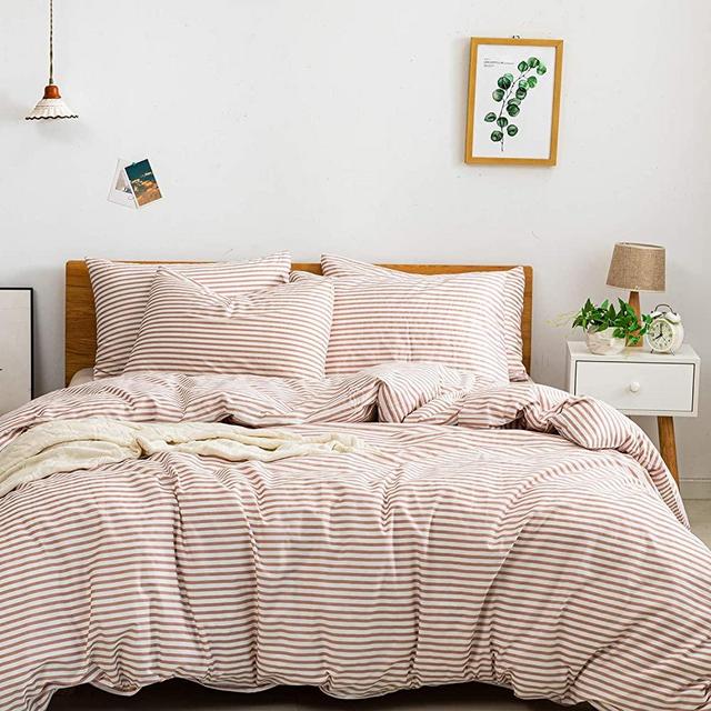 JELLYMONI 100% Natural Cotton 3pcs Striped Duvet Cover Sets,White Duvet Cover with Pink Stripes Pattern Printed Comforter Cover,with Zipper Closure & Corner Ties(Queen Size)