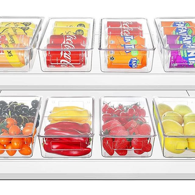 Refrigerator Organizer Bins with Lids, ESARORA 8 PACK Clear Fridge Bins with Handles For Fridge, Freezer, Kitchen Cabinet, Pantry Organization, BPA Free Freezer Organizer Bins