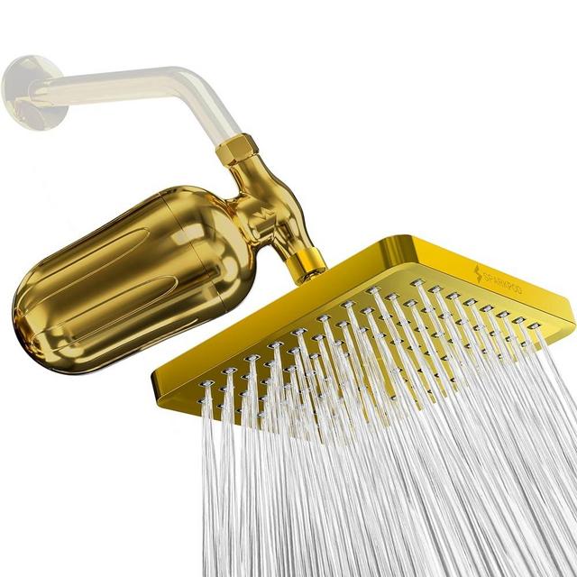 SparkPod Egyptian Gold High-Pressure 8" Square Rain Shower Head + Matching Ultra Shower Filter - Reduces Chlorine and Heavy Metals for the Ultimate Shower Experience - 1-min Installation