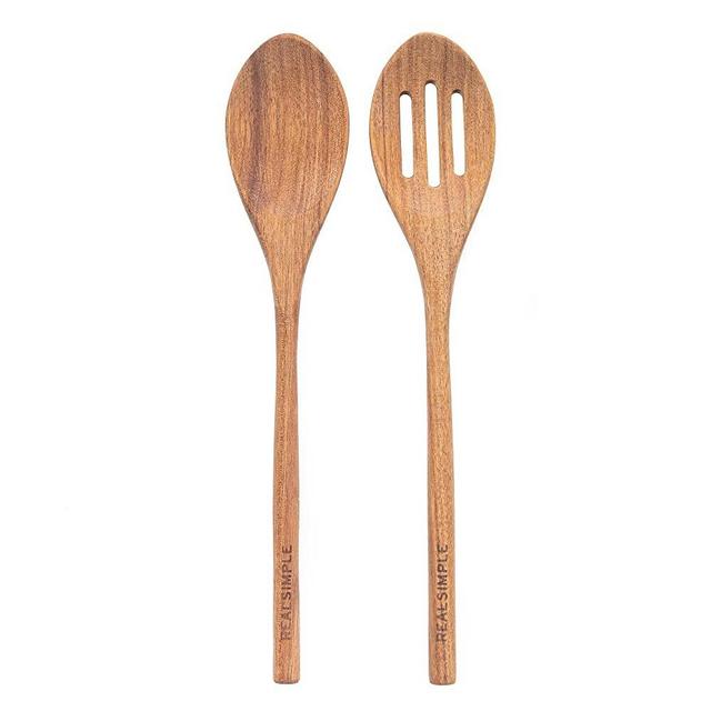 Real Simple Wooden Spoons for Cooking | 2 Piece Cooking Utensils Set with Slotted Spoon and Solid Wooden Spoon | Wooden Utensils for Cooking for Everyday Use