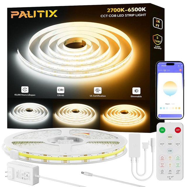 PAUTIX COB LED Strip Lights 2700K-6500K CCT Tunable White 24ft UL-Listed Dotless LED Lights Super Bright Dimmable 24V LED Tape Light with APP/RF Remote Control,Under Cabinets Bedroom Kitchen Lighting