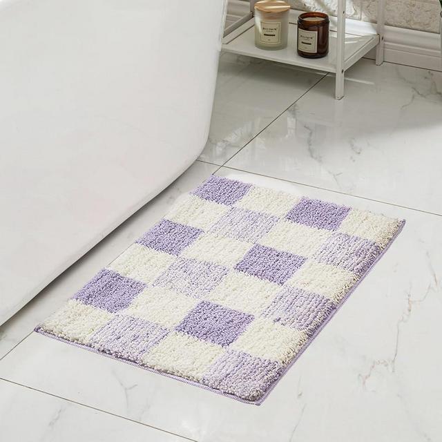 CozeCube Checkered Bath mats for Bathroom Non Slip, Fluffy Absorbent Microfiber Bath mat Washable, aesthetic bathroom rugs, Cute Bath mat for Shower Sink, Purple, 24" x 16"