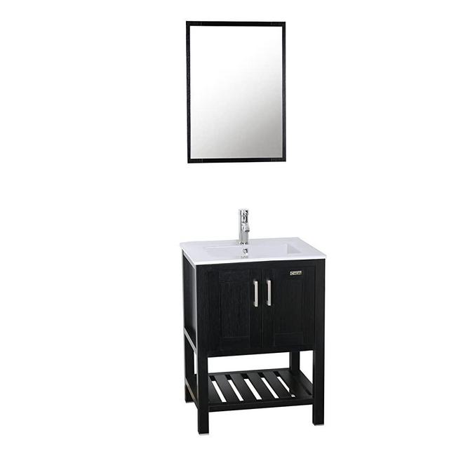 eclife 24" Bathroom Vanity Sink Combo W/Overflow White Drop in Ceramic Vessel Sink Top & Black MDF Modern Bathroom Cabinet & Chrome Solid Brass Faucet & Pop Up Drain W/Mirror (A08B07)