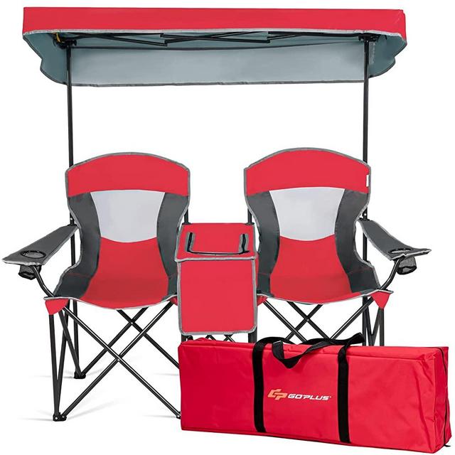 Goplus Double Camping Seat w/Shade Canopy, Mini Table Beverage Holder Carrying Bag for Beach Patio Pool Park Outdoor Portable Folding Beach Chairs (Red)