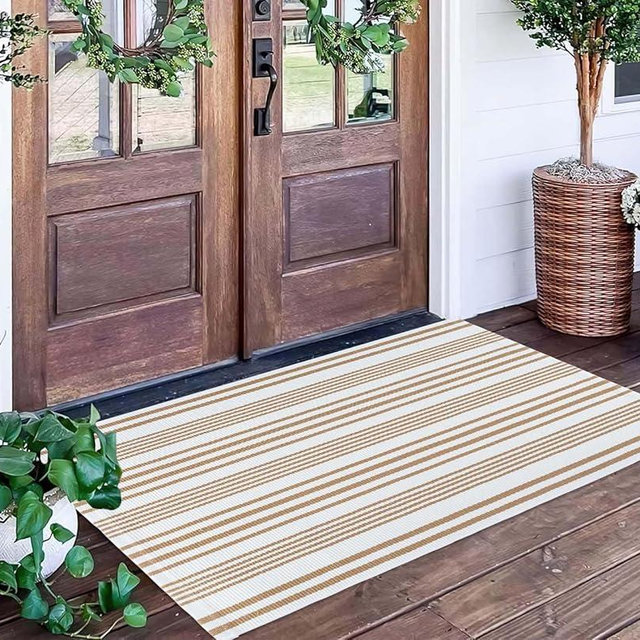 Khaki and White Striped Outdoor Rug 24'' x 51''Outdoor Front Porch Rug Hand-Woven Machine Washable Indoor/Outdoor Layered Door Mats for Entryway/Bedroom/Outdoor