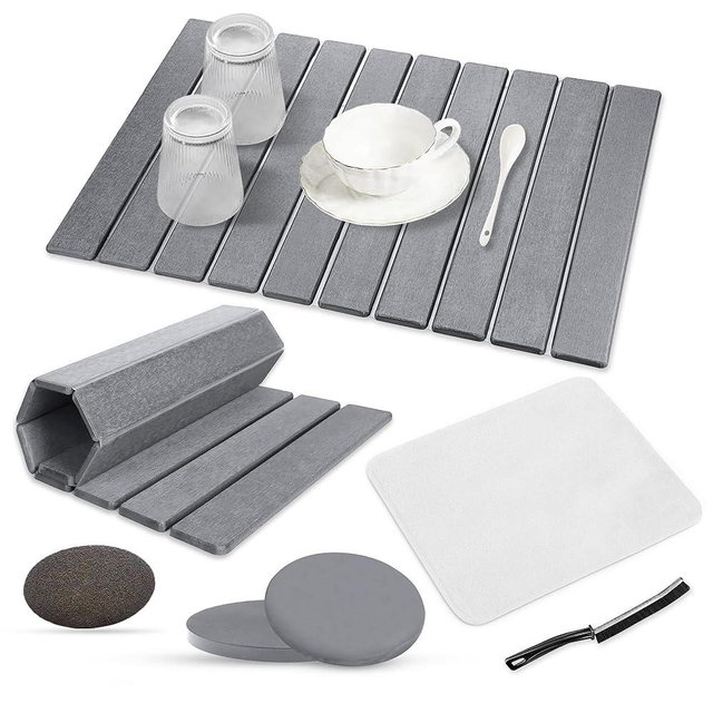 Large Dish Drying Mat - Foldable Stone Drying Mat for Kitchen Counter - Super Absorbent Diatomaceous Earth with 2 Coasters, Brush, Anti Slip Mat, Sandpaper - Utensils/Pots/Cups - Dark Gray