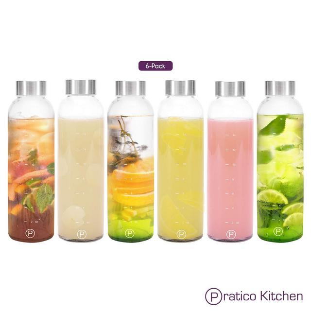 Pratico Kitchen 18oz Leak-Proof Glass Bottles, Juicing Containers, Water/Beverage Bottles - 6-Pack