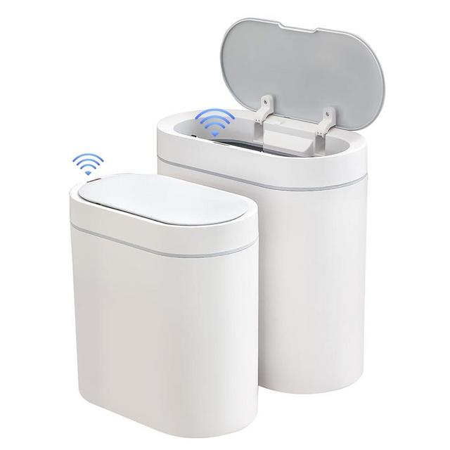 ELPHECO 2 Pack Bathroom Motion Sensor Trash can 2.5 Gallon + 2 Gallon Automatic Garbage Can, Slim Plastic Smart Trash Bin with Lid, Garbage can for Bathroom, Kitchen, Office, White, 2 Pack