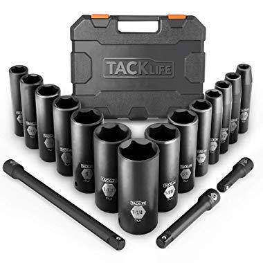 TACKLIFE 1/2-Inch Drive Master Deep Impact Socket Set, Inch, CR-V, 6 Point, 17-Piece Set - HIS2A