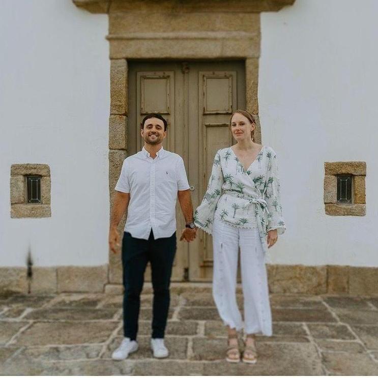Katie and Mario after she said "yes" in Porto, Portgual in June 2023.