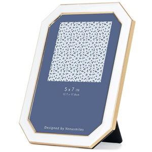 5x7 Enamel Picture Frame, Octagonal Gold Metal Edge with Easel, High Definition Tempered Glass 5x7 Photo Frame for Wall and Tabletop Display Family Office Photo Gallery, White Enamel/1pc