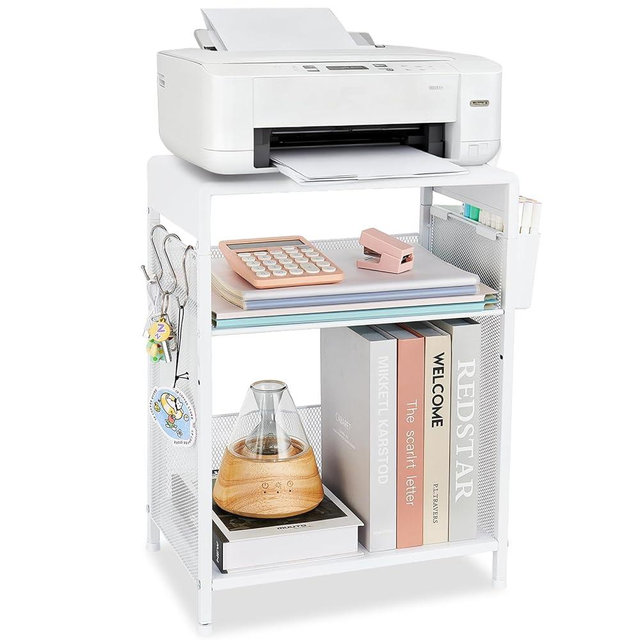 LEKETREE Small Under Desk Storage, White Printer Stand with Storage Shelf, 3-Tier Height Adjustable Printer Table with Basket & 3 Hooks for Home Office Fax Machine Scanner Files