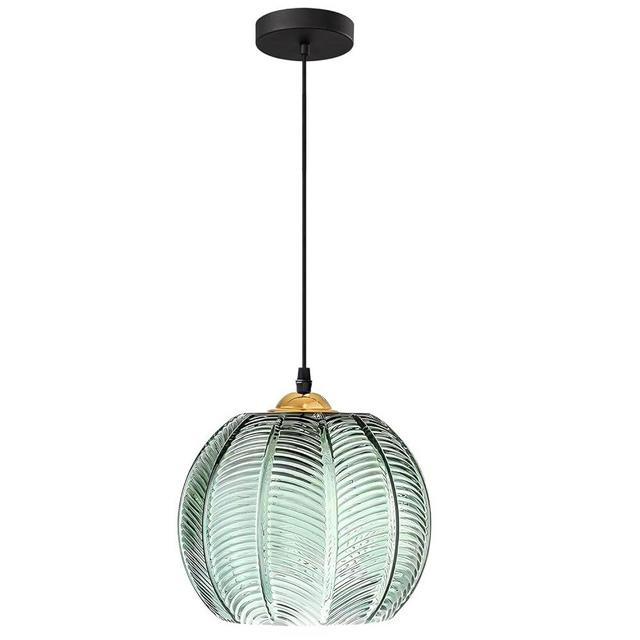 KCO Lighting Modern Green Striped Glass Pendant Light Nordic Ribbed Glass Pendant Light Green Pumpkin Pendant Light 1-Light Classic Glass Globe Round Pendant Lighting