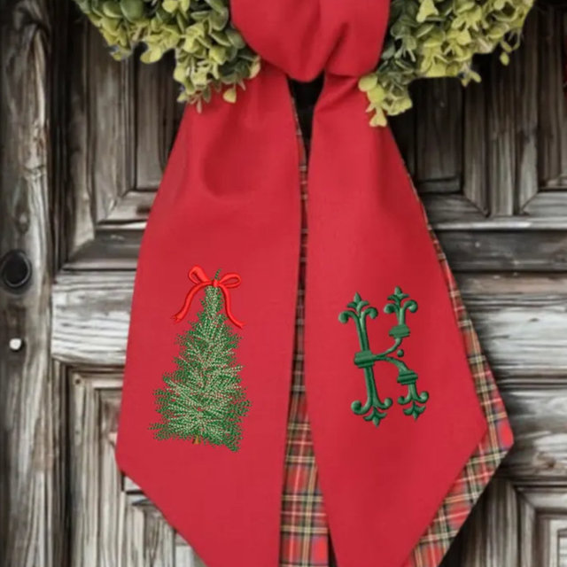 Embroidered Christmas Tree with Custom Monogram Wreath Sash, Personalized Organic Linen Winter Wreath Sash 52" x 5"