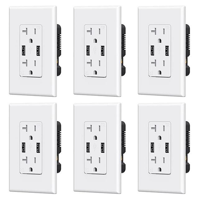 ELEGRP USB Charger Wall Outlet, Dual High Speed 4.0 Amp USB Ports with Smart Chip, 20 Amp Duplex Tamper Resistant Receptacle Plug, Wall Plate Included, UL Listed (6 Pack, Glossy White)