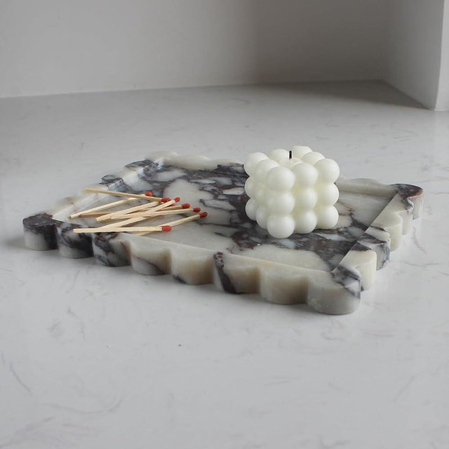 Natural Luxury Scalloped Marble Tray 10.8"x8", Rectangle Vanity Tray for Bathroom Kitchen Counter, Decorative Tray for Dresser Home Decor - Calacatta Purple