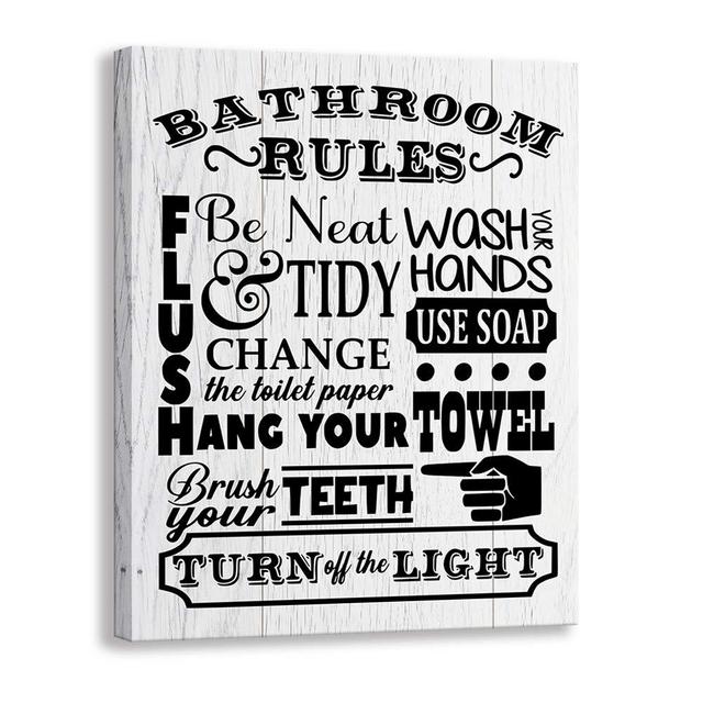 Kas Home Bathroom Canvas Wall Art | Rustic Bathroom Funny Rules Prints Signs Framed | Wood Background Bathroom Laundry Room Decor (12 x 15 inch, Bathroom Rules - 02)