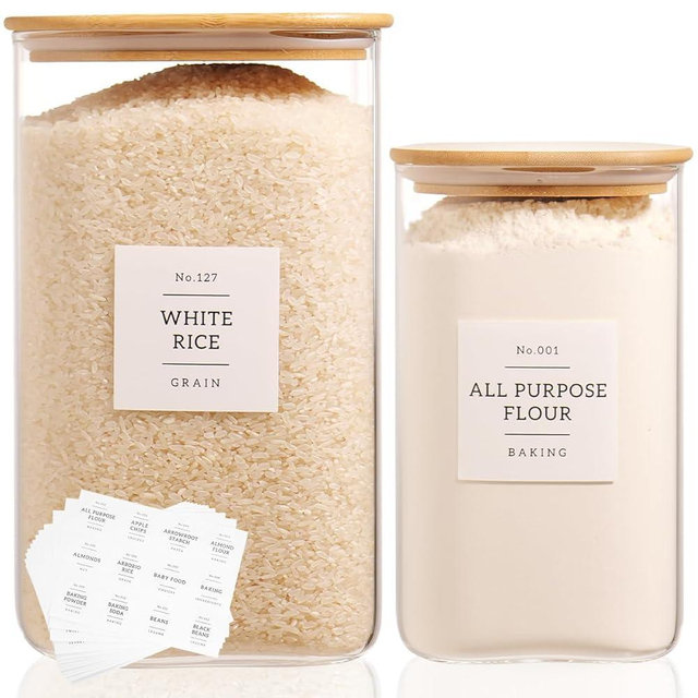 2 Pack large Square Glass Flour and Sugar Containers with 132 Kitchen Pantry Labels - 149 floz & 71 floz - Glass Jars with Airtight Bamboo Lid - Glass Rice Canisters for Coffee, Pasta, Cookie, Cereal