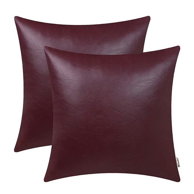 BRAWARM Pack of 2 Cozy Throw Pillow Covers Cases for Couch Sofa Home Decoration Solid Dyed Soft Faux Leather Both Sides 18 X 18 Inches Burgundy