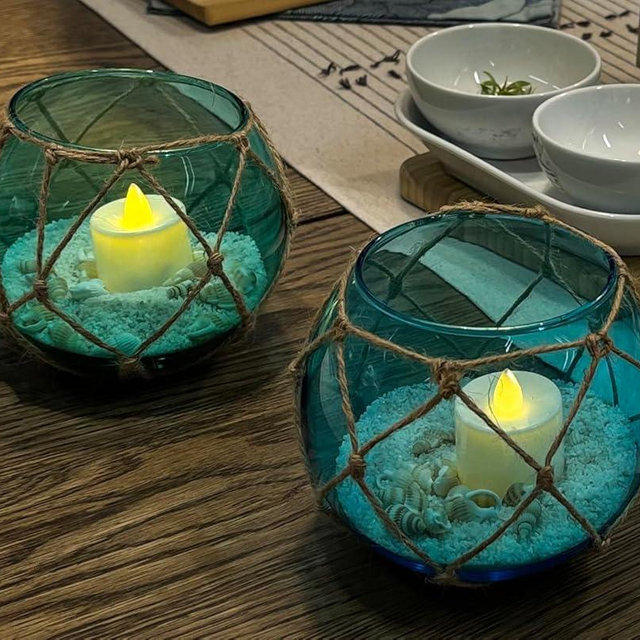 SAILINGSTORY Glass Fishing Float Tealight Candle Holder Nautical Coastal Decor Beach Bathroom Decor Votive Candle Holder Teal and Blue Set of 2 Pack