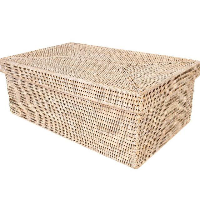 Tava Handwoven Rattan Rectangular Storage Box With Lid, White Wash