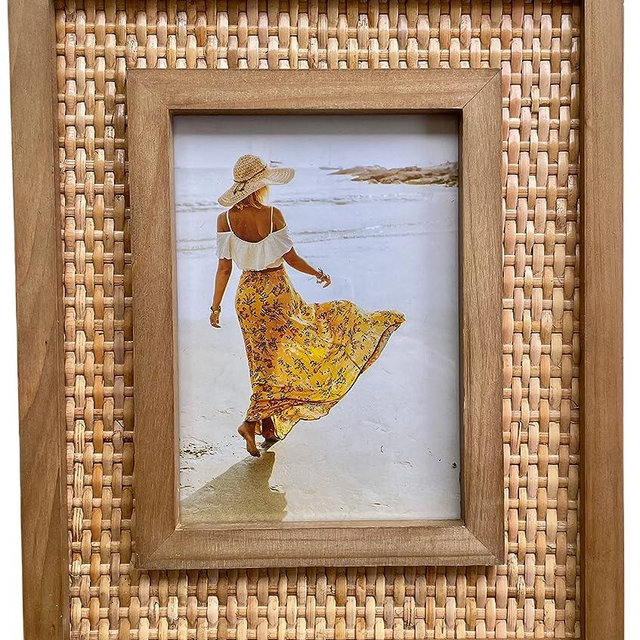 Fairwood Way Rattan and Wood Picture Frame | Coastal or Boho Picture Frame | Tabletop Stand and Wall Mount (for 5x7 Photos) | Single Display or Gallery Wall