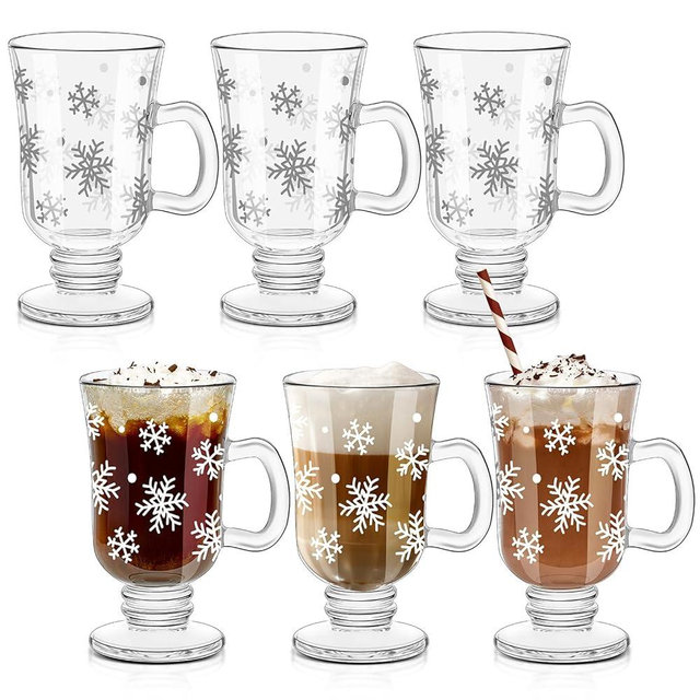 Sliner Set of 6 Christmas Snowflake Glass Coffee Mugs with Handle, 8 oz Clear Irish Footed Coffee Glasses Mugs Winter Holiday for Beverages Latte Hot Chocolate (Snowflake)