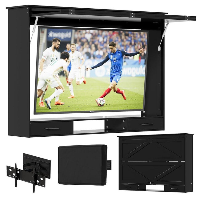 PAKASEPT Outdoor TV Enclosure, 55”Wood Outdoor Television Hard Cover with Lock & Wall Mount Bracket & Three Color Light for Maximum 58 Inch Television, Up-Flip Door & 600D Oxford Outdoor TV Cover