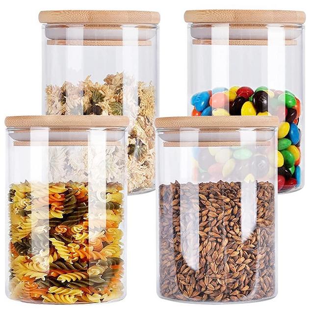 4 Pack Glass Storage Jars with Airtight Bamboo Lid, Aoeoe 29 OZ Glass Food Storage Jar, Glass Kitchen Canisters, Clear Container for Coffee Bean Storage, Dry Goods, Cookie, Candy, Tea, Spices and More