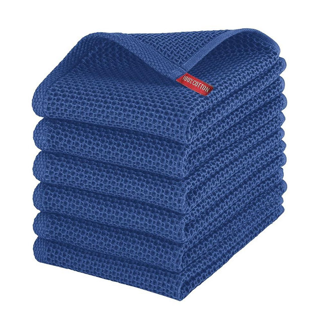 Elegant Comfort 100% Turkish Cotton 6-Pack Waffle Premium Kitchen Towels - Quick Drying and Super Absorbent Kitchen Dishcloth Towels, Ultra Soft Multi-Purpose Cleaning Towels, 16 x 25, Navy