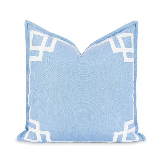 Hofdeco Premium Coastal Hampton Outdoor Performance Throw Pillow Cover Only, 20"x20" Water Repellent, UV and Fade Resistant for Backyard, Couch, Poolside, Azure Blue Embroidered Frame Greek Key