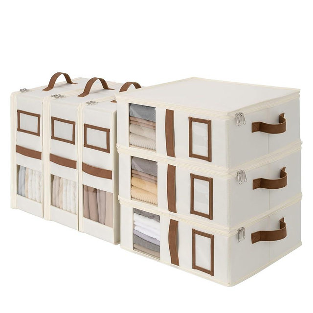 StorageWorks 6-Pack Bed Sheet Organizers and Storage, Foldable Bedsheet Holder for Linen Closet, Bedding Container with Handle, Beige, 15" D x 12¾"W x 5½"H