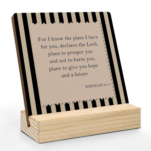 Mfyossrll Christian Desk Decor, Jeremiah 29:11 Bible Verse Decorative Signs & Plaques, Neutral Striped Religious Scripture Desk Sign with Wooden Stand for Home Bedroom Office Shelf Table Decor