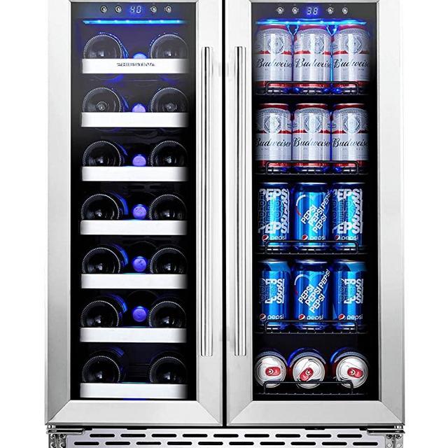 Phiestina Wine and Beverage Refrigerator | 24 Inch Built-In Dual Zone Wine Beer Cooler Refrigerator | Free Standing French Door Drink Fridge with Digital Memory Temperature Control