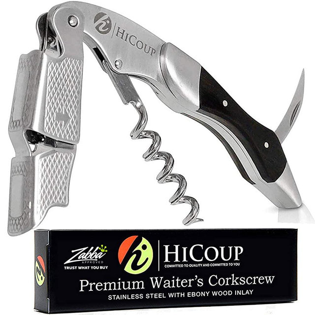 Waiters Corkscrew by HiCoup - Professional Stainless Steel with Ebony Wood Inlay All-in-one Corkscrew, Bottle Opener and Foil Cutter, the Favoured Wine Opener of Sommeliers, Waiters and Bartenders