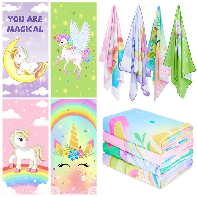 Newwiee 4 Pcs Beach Towels for Kids Bulk Microfiber Bath Towel for Girls Boys Quick Dry Pool Travel Swimming Bath Shower 28"x 59"(Multicolor,Unicorn)