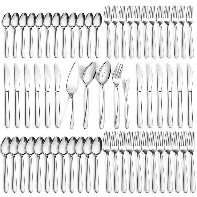 Pleafind 65-Pieces Silverware Set for 12 with 5 Serving Utensils,Stainless Steel Cutlery Set, Include Forks Spoons and Knives Set, Mirror Polished Utensil Sets for Home Restaurant,Dishwasher Safe