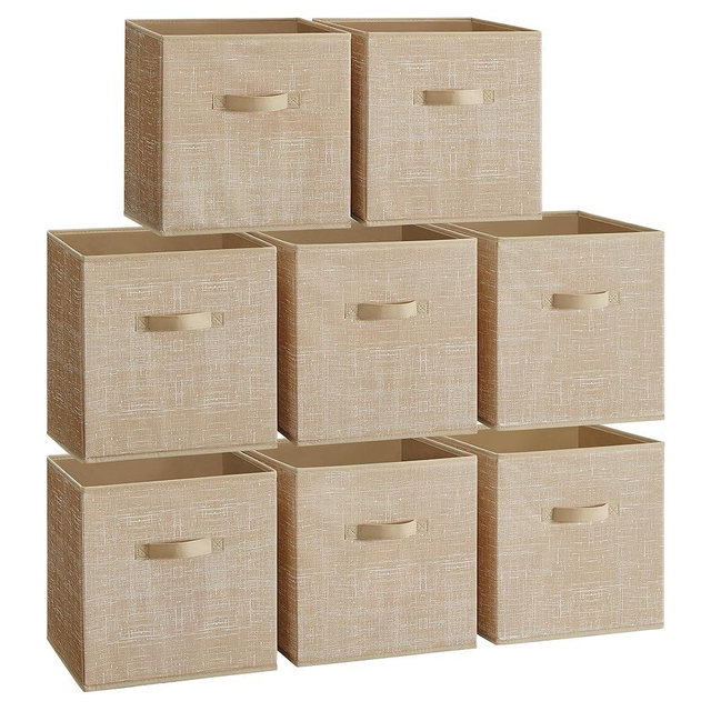 SONGMICS Storage Cubes, 13-Inch Non-Woven Fabric Bins with Double Handles, Set of 8, Closet Organizers for Shelves, Foldable, for Clothes, Sand Beige UROB833K03
