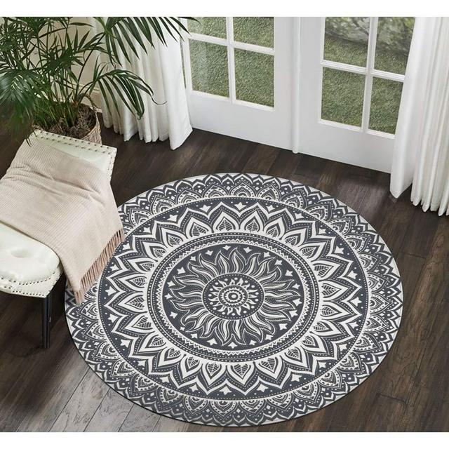 LEEVAN Modern Flannel Microfiber Non-Slip Machine Washable Round Area Rug Living Room Bedroom Study Soft Carpet Floor Mat Home Decor 3-Feet Diameter - Grey Mandala